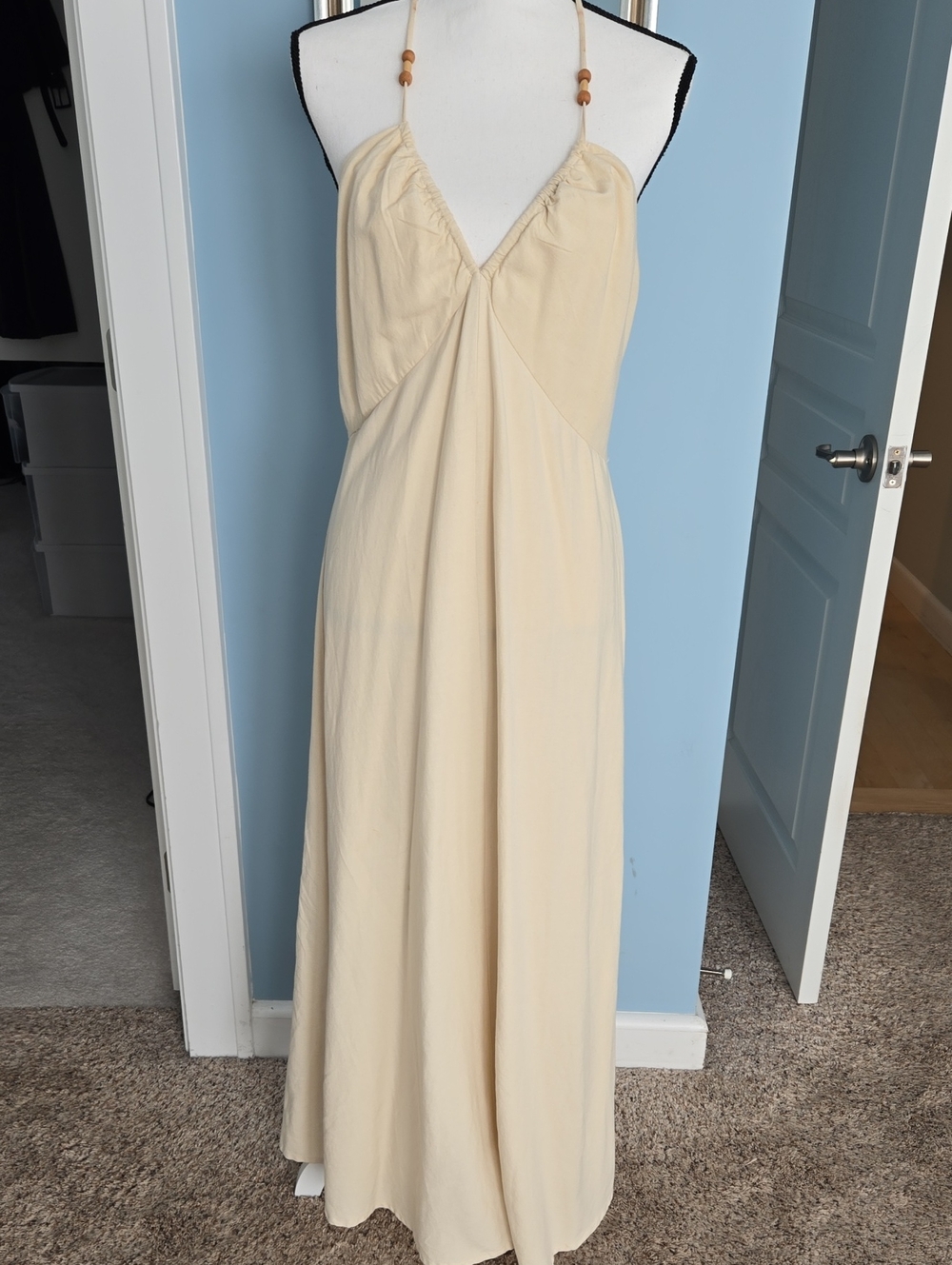 Japna Cream Halter Strapy Open Back Maxi Dress with Wooden Bead Straps Linen L